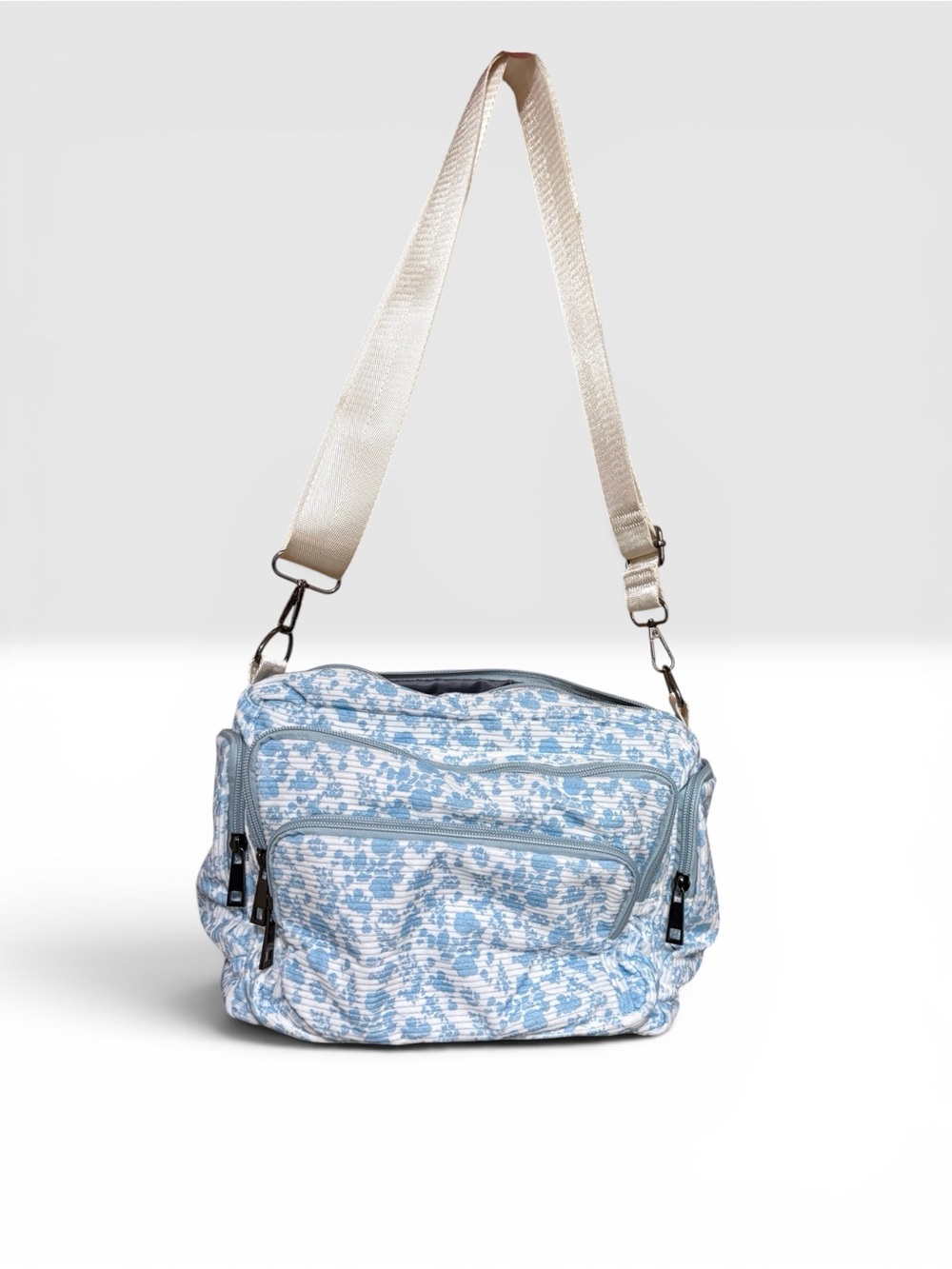 Blue Floral Quilted Crossbody Bag Multi Pocket Travel Purse Adjustable Strap